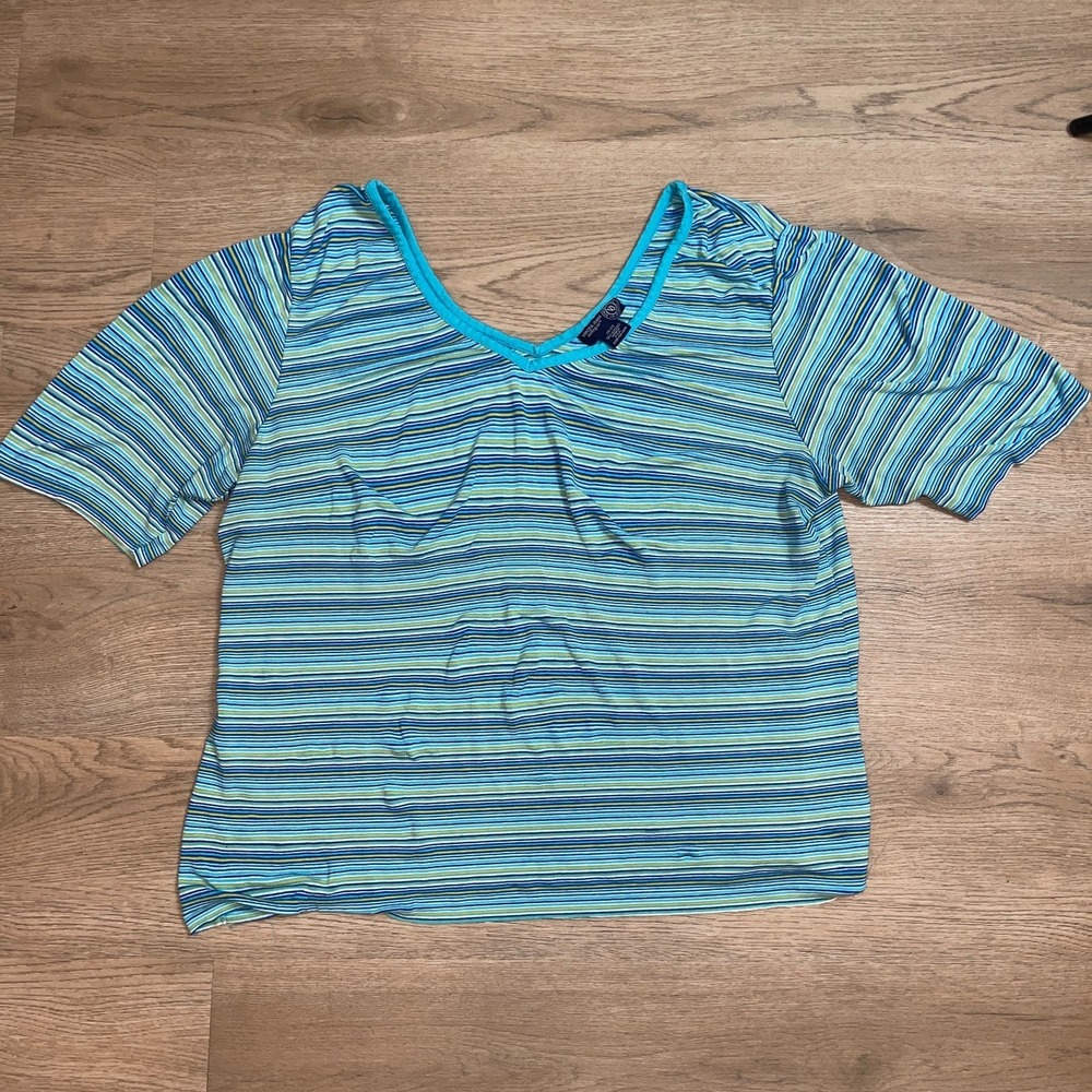 Vintage Venezia Jeans Womens 18-20 Short Sleeve Striped Top Blue Teal Lime USA